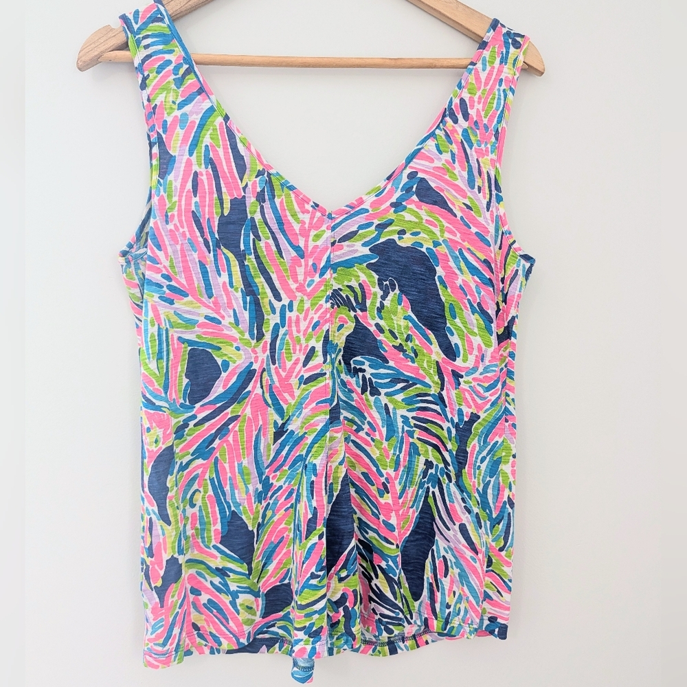 Lilly Pulitzer Gigi Tank Top Small Tropical Palm Print V Neck Cotton